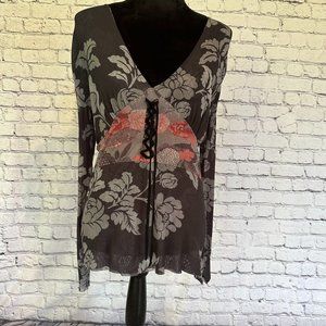 Petit Pois by Viviana G V Neck Lace-up detail MESH shirt, Sheer sleeves